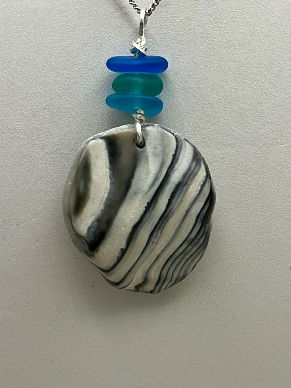 Wampum Shell Pendant Necklace Silver Tone Sea Glass Blue Green Coastal Beach